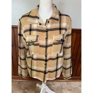 Womens Lucky Brand Gold Yellow Plaid‎ Flannel Sherpa Long Sleeve Shacket Small
